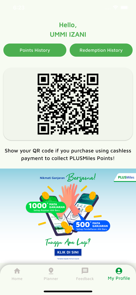 PLUS App (Official) - Pantalla de perfil de usuario de la app PLUS que muestra un código QR personalizado para acumular puntos de fidelidad PLUSMiles