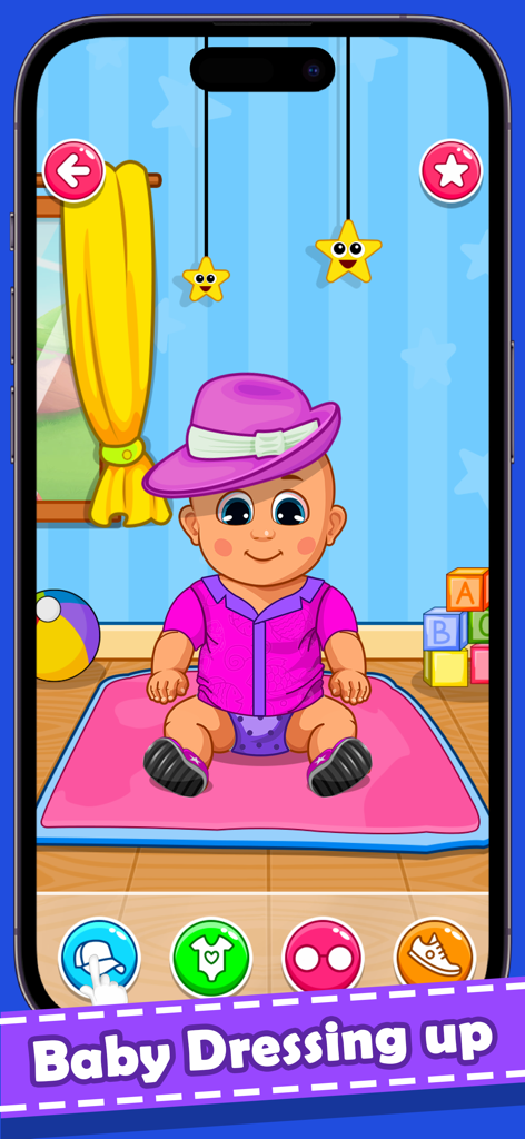 Baby Care Games. Kids Daycare - Cartoon baby in a pink outfit with clothing selection buttons in a kids dress up game
