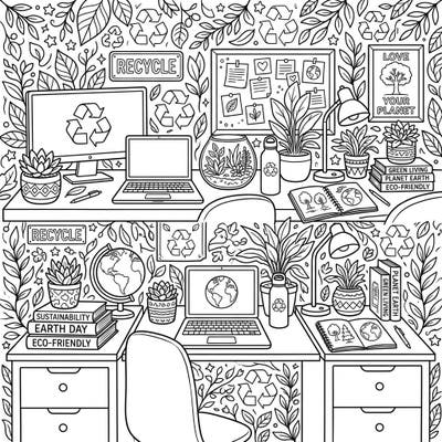 Immerse yourself in a world of eco-conscious creativity with this detailed Earth Day bedroom desk coloring page. It's packed with inspiring elements that celebrate sustainability and green living, perfect for a relaxing and educational activity.