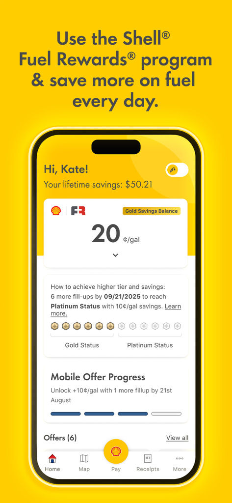 Shell: Fuel, Charge & More - Shell mobile app screen showing fuel rewards savings and progress toward platinum status
