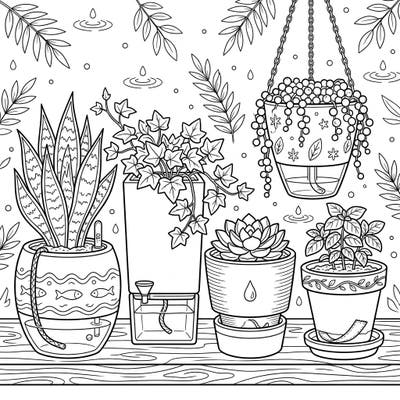 Explore a charming collection of self-watering planters, each thoughtfully designed to keep plants thriving. This intricate coloring page invites you to discover the beauty of plant care and innovative gardening solutions.