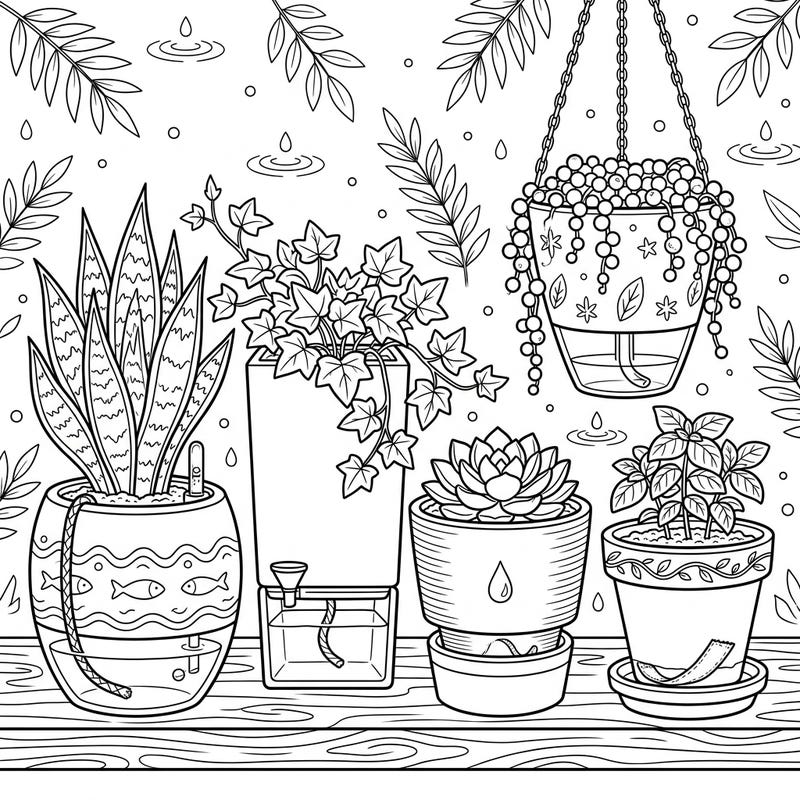 Explore a charming collection of self-watering planters, each thoughtfully designed to keep plants thriving. This intricate coloring page invites you to discover the beauty of plant care and innovative gardening solutions.