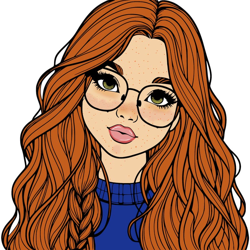 girl with long hair and freckles and glasses realistic