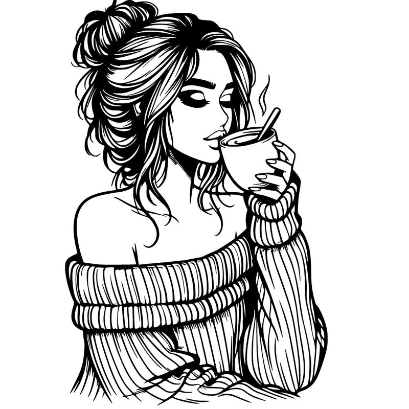 realistic girl drinking coffee with off the shoulder sweater