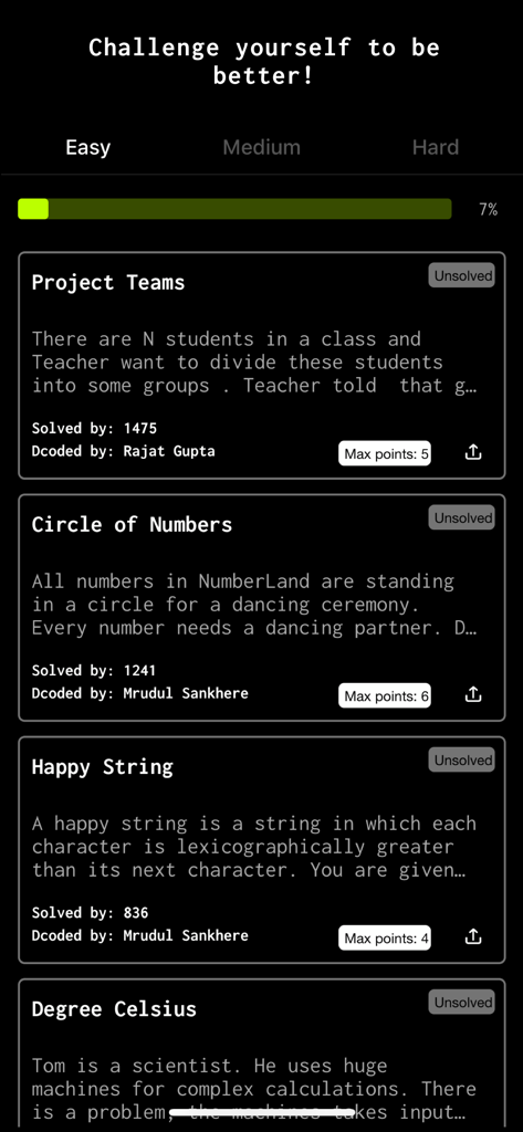 Captura de pantalla de la aplicación Dcoder que muestra una lista de desafíos de codificación de algoritmos sencillos para desarrolladores.