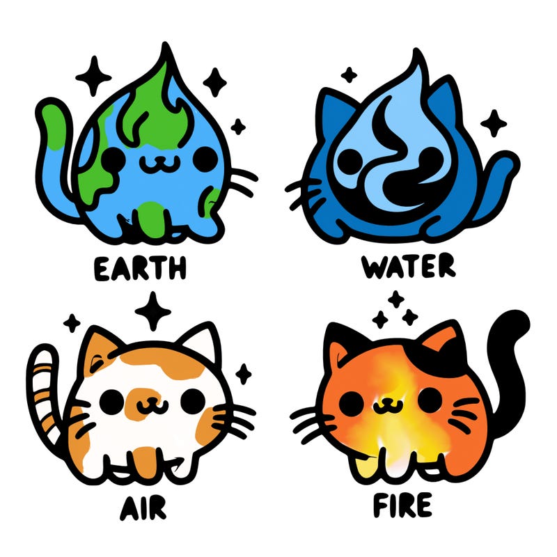 4 cats that represent the different elements, earth, water, air, and fire