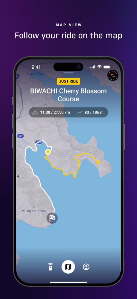 ROUVY Companion app showing a cycling route map and ride progress statistics on a smartphone