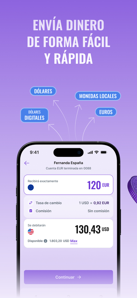 Takenos app screen showing a currency exchange from USD to EUR with zero commission.