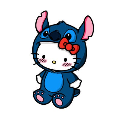 little cute hello kitty, blushing with little stitch costume