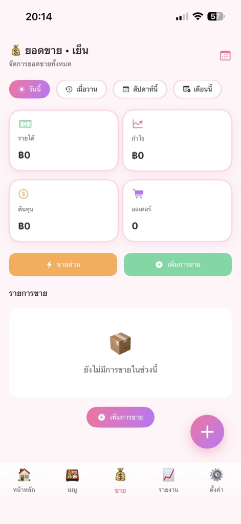 Panel de ventas de la aplicación Boo Kitchen que muestra tarjetas de seguimiento de ingresos, ganancias y costos