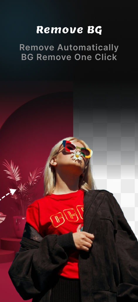 A comparison showing a woman with sunglasses before and after using the one-click automatic background removal feature.