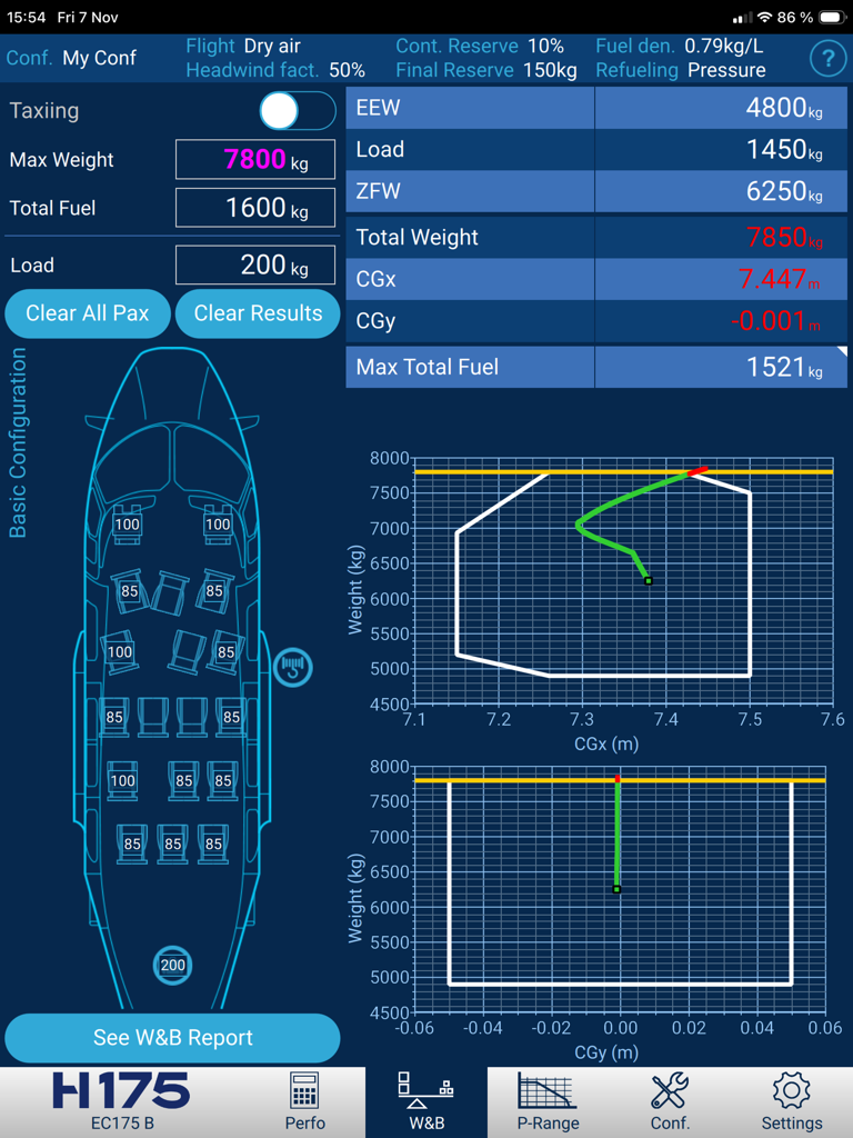 H175 Flight Perfo - Interfaz de la aplicación de rendimiento de vuelo del Airbus H175 para cálculos de peso y centrado que muestra la disposición de los asientos del helicóptero y gráficos del centro de gravedad.