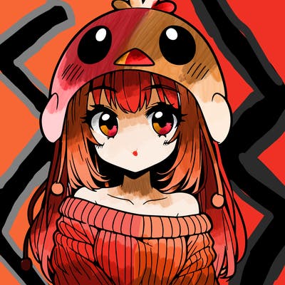 anime girl with chick shaped hat with sweater with bare shoulders with bangs covering them one eye with low tail