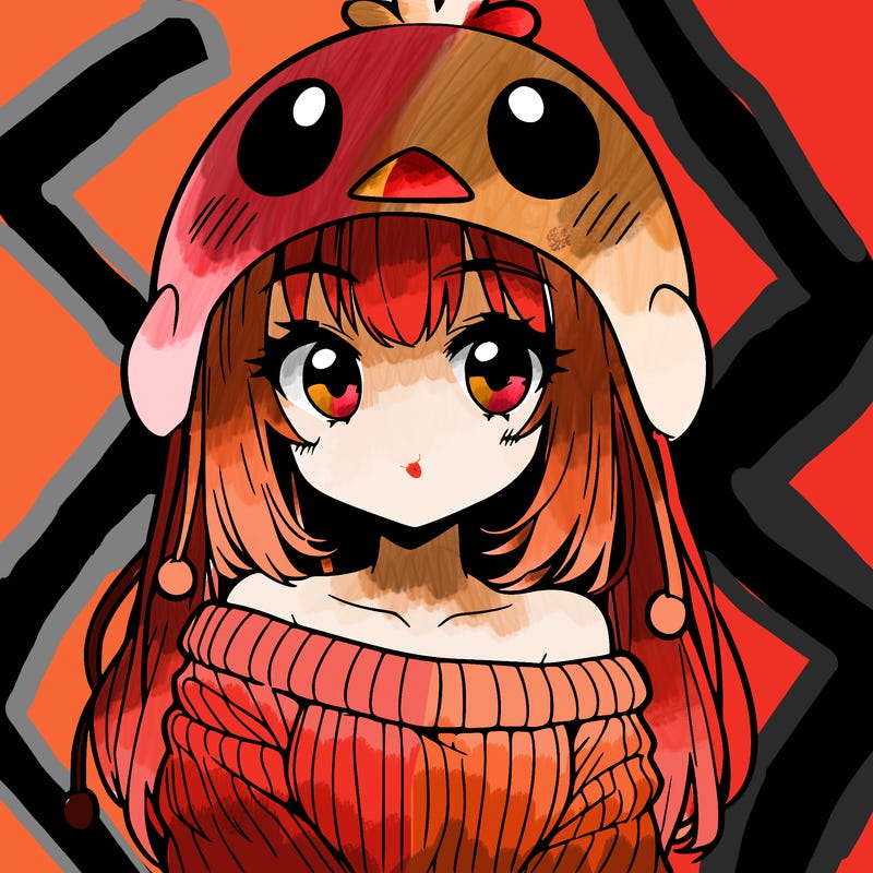 anime girl with chick shaped hat with sweater with bare shoulders with bangs covering them one eye with low tail