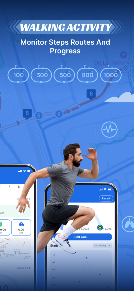 Interfaccia dell'app Walk Log che mostra il monitoraggio dell'attività di camminata con passi e mappatura del percorso