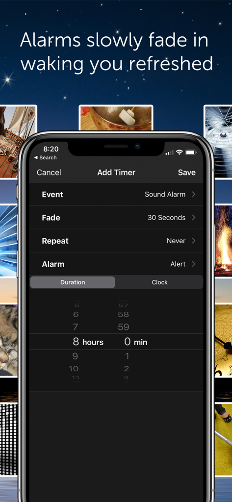 Add Timer screen in the White Noise Lite app showing alarm fade and duration settings.