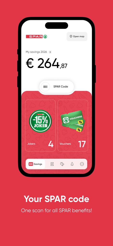 SPAR Croatia - Dashboard der SPAR Kroatien App, das den gesamten Sparbetrag sowie Rabatt-Joker und Gutscheine anzeigt