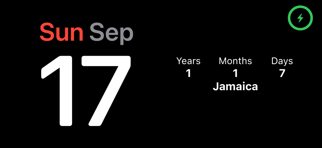 iOS-Widget, das einen Urlaubs-Countdown nach Jamaika mit verbleibenden Jahren, Monaten und Tagen anzeigt