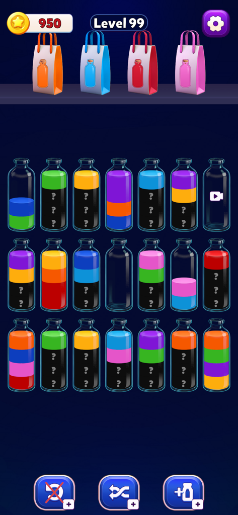 A challenging level in the Water Sort Puzzle mobile game showing bottles with colorful liquids and hidden layers.