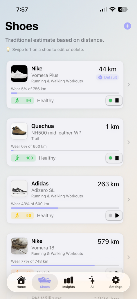 ShoeTrack - A list of tracked shoes in the ShoeTrack app showing their mileage and wear percentage progress bars