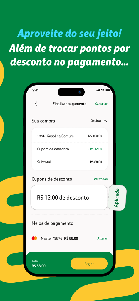 Petrobras Premmia app payment screen showing a fuel purchase summary with a discount coupon applied