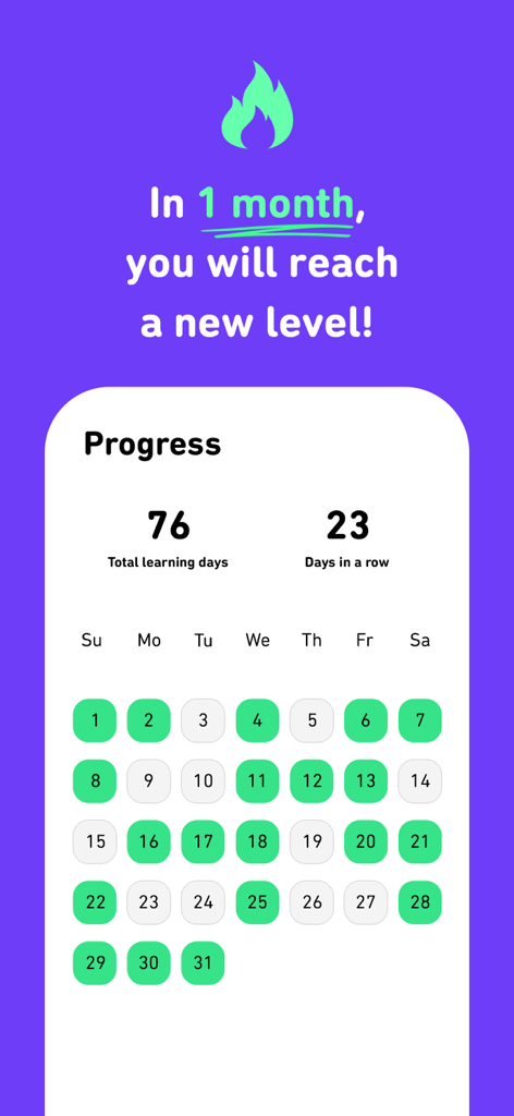 iSpeak app progress screen showing total learning days and a monthly activity calendar