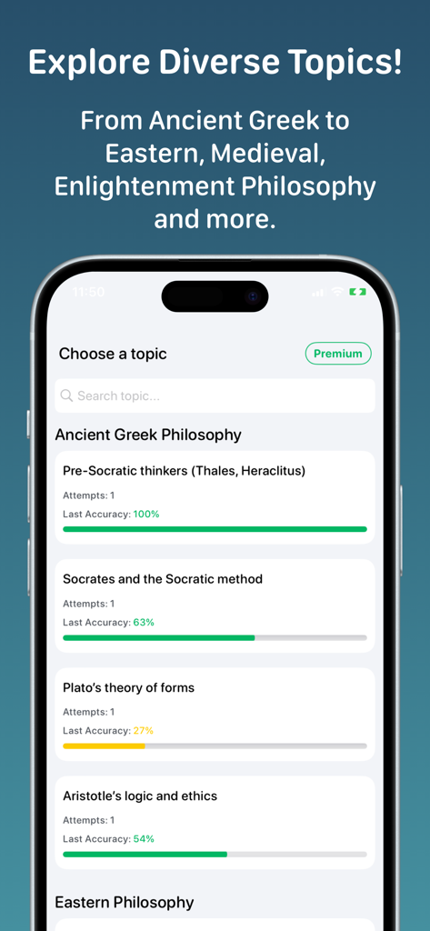 Philosophy+ - A mobile screen from the Philosophy plus app showing different study topics like Ancient Greek and Eastern Philosophy with progress tracking bars.