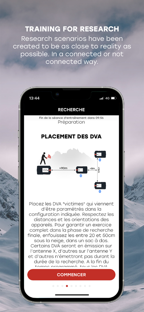 Interface de treino da aplicação ARVA mostrando um diagrama de posicionamento do transceptor para cenários de busca de avalanches