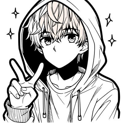 teenage manga boy in a hoodie, doing ✌