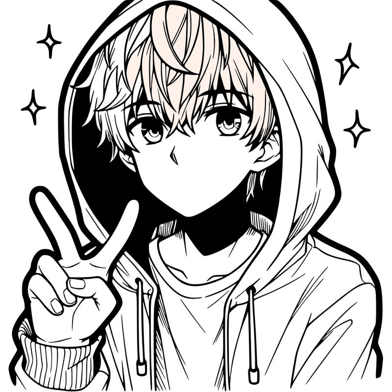 teenage manga boy in a hoodie, doing ✌