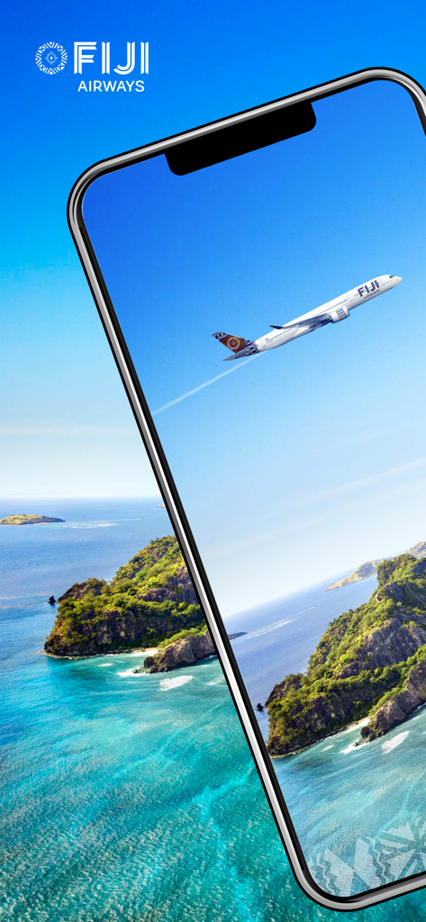 모바일 화면에 열대 섬 위를 비행하는 피지 항공기 모습