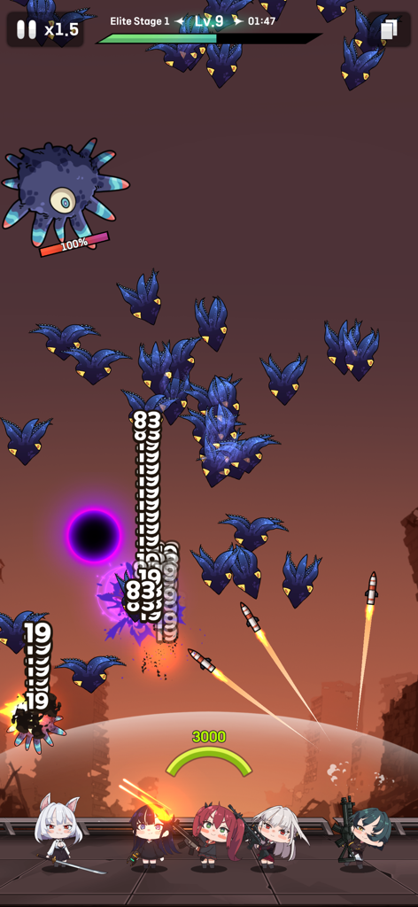 E.D.E.N : The Last Line - Gameplay screenshot of EDEN The Last Line showing chibi squad characters in a real time tactical battle against waves of enemies
