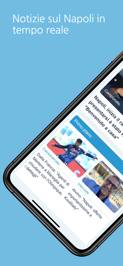 AreaNapoli.it - Official - Screenshot dell'app ufficiale AreaNapoli che mostra notizie di calcio in diretta e interviste ai giocatori.