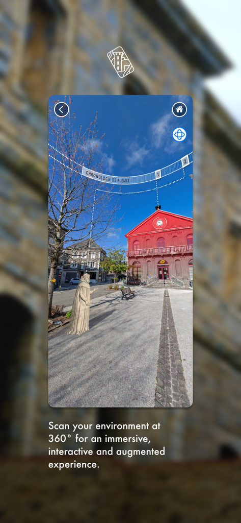 Archistoire - An immersive 360 degree augmented reality view of a historical square with digital information overlays in the Archistoire app.
