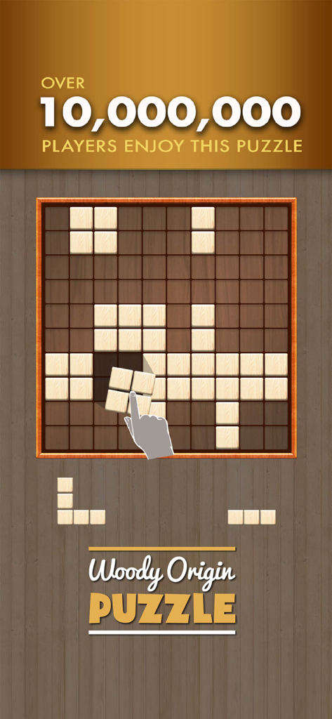 Block Puzzle Woody Origin - Una mano trascina un pezzo di blocco di legno su una griglia di puzzle nel gioco per cellulare Woody Origin.