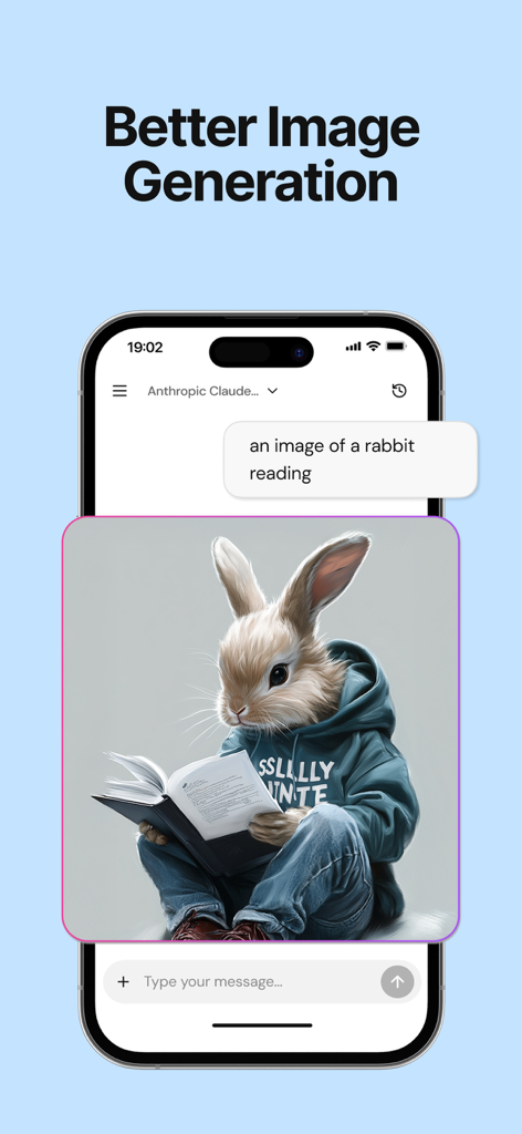 Capture d'écran de l'application Chatly AI générant une image d'un lapin lisant un livre à partir d'une invite textuelle