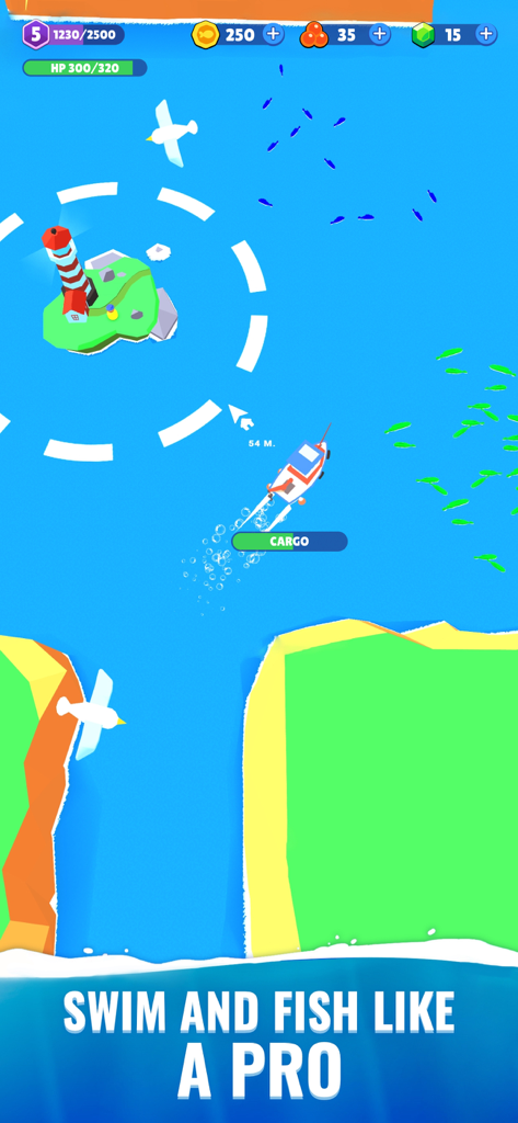 Idle Fish 2: Fishing Tycoon - A top-down view of a fishing boat navigating blue water near a lighthouse island in Idle Fish 2.