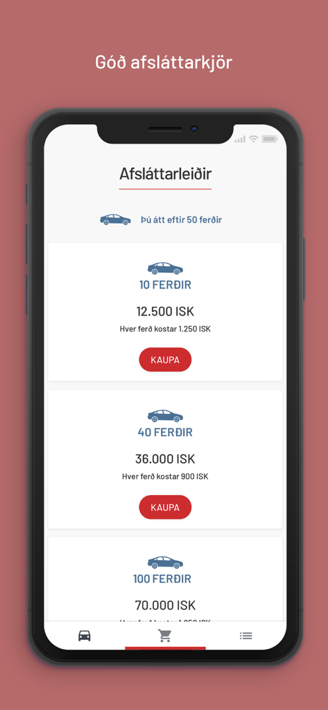 Interfaz de la aplicación Veggjald que muestra paquetes de descuento prepagos para viajes por túneles en Islandia.