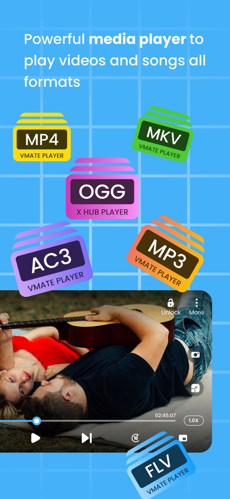Interfaz de la aplicación MA Player que muestra los formatos de video y audio compatibles, incluyendo MP4 MKV OGG AC3 MP3 y FLV sobre una pantalla de reproducción de video