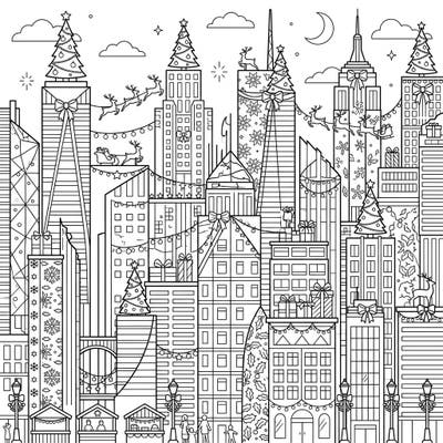 Immerse yourself in a spectacular Christmas cityscape with this intricate coloring page. Experience the magic of the holidays as towering skyscrapers are transformed into a winter wonderland.