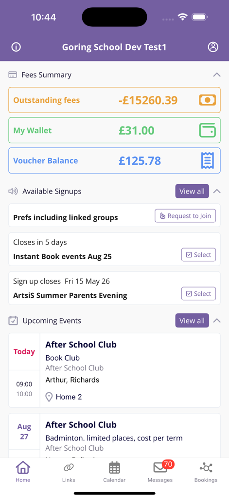 Dashboard of the SchoolsBuddy 2.0 app showing fees summary available signups and upcoming school events