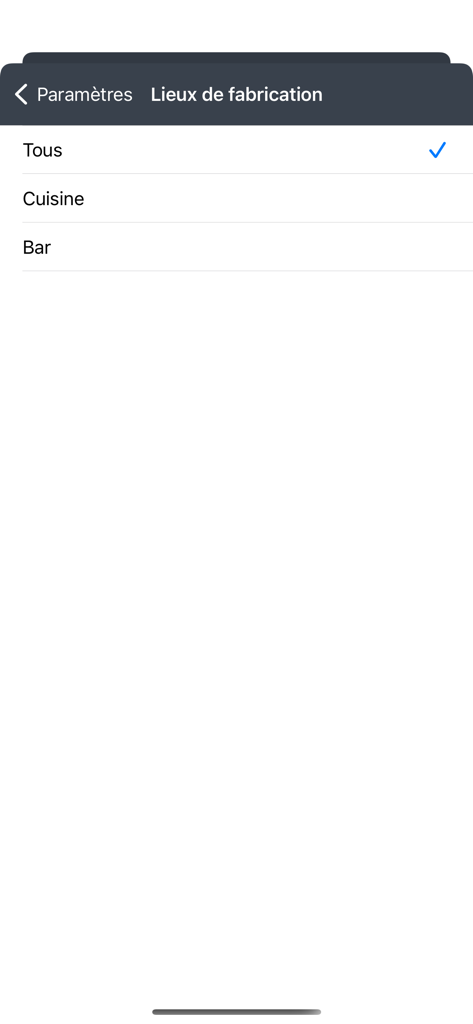Ecrã de configurações da aplicação Zelty KDS para selecionar locais de produção como cozinha ou bar