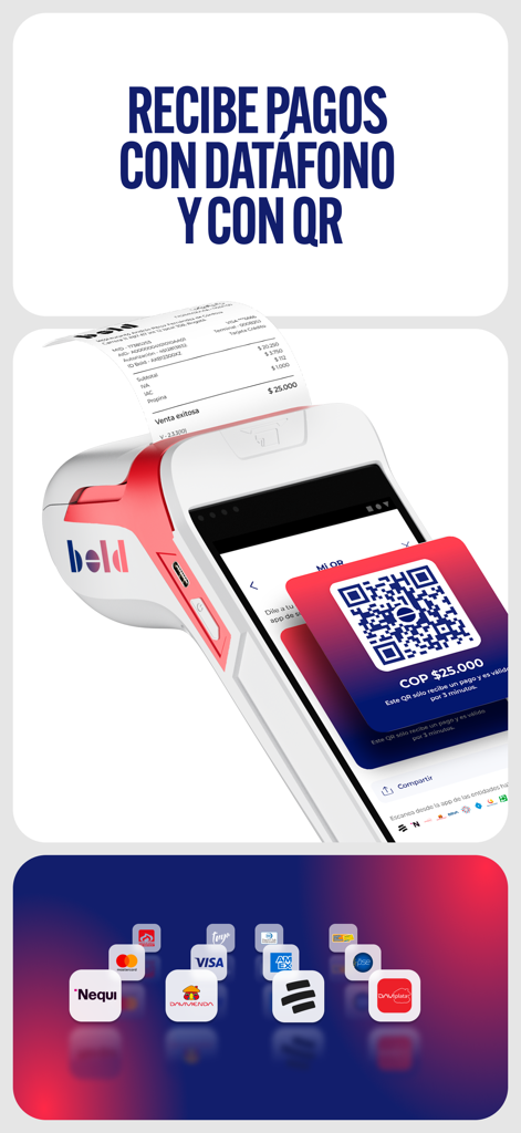 Bold - A white Bold card reader terminal printing a receipt next to a digital QR code payment screen with icons of various accepted payment methods