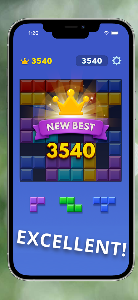 Block Blast: Puzzle Game - Captura de pantalla del juego de puzles Block Blast que muestra un nuevo récord de 3540 con una corona dorada y la palabra excelente