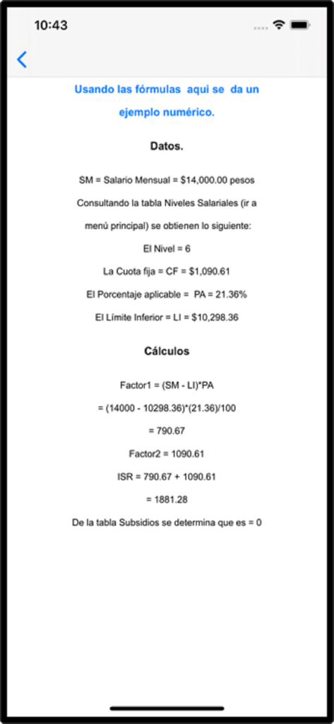 Calculadora del ISR - Ejemplo numérico de un cálculo de impuesto sobre la renta mexicano en la app Calculadora del ISR