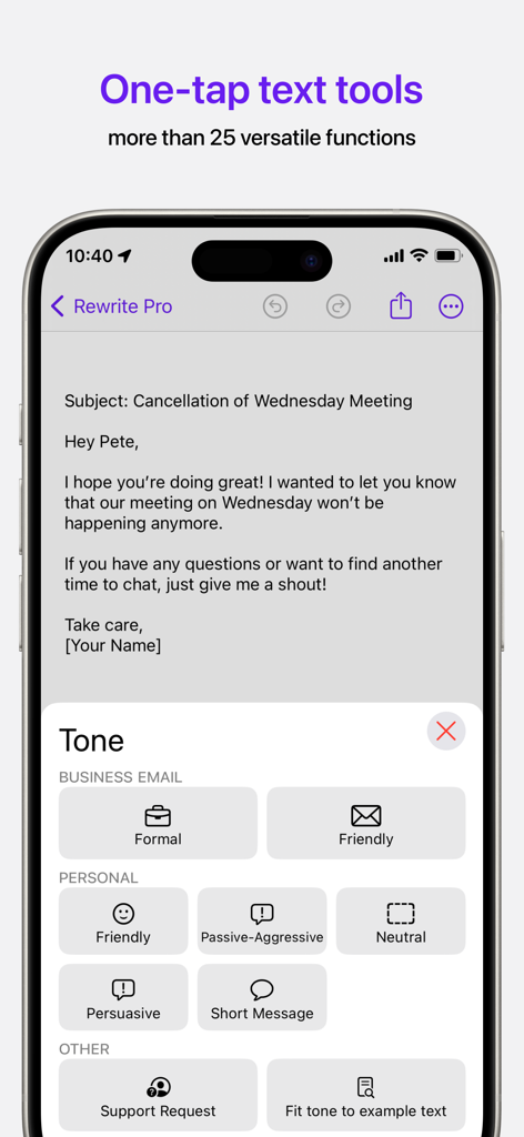 Rewrite Pro: AI Text Editor - Capture d'écran de l'application Rewrite Pro montrant un menu de sélection de ton pour un e-mail, incluant les options formel, amical et persuasif.