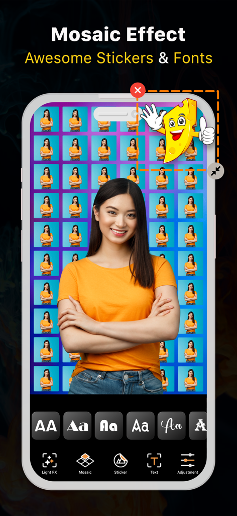 Background Changer: Auto Erase - Interfaz de la aplicación Background Changer mostrando un efecto de mosaico y selección de pegatinas en una foto.
