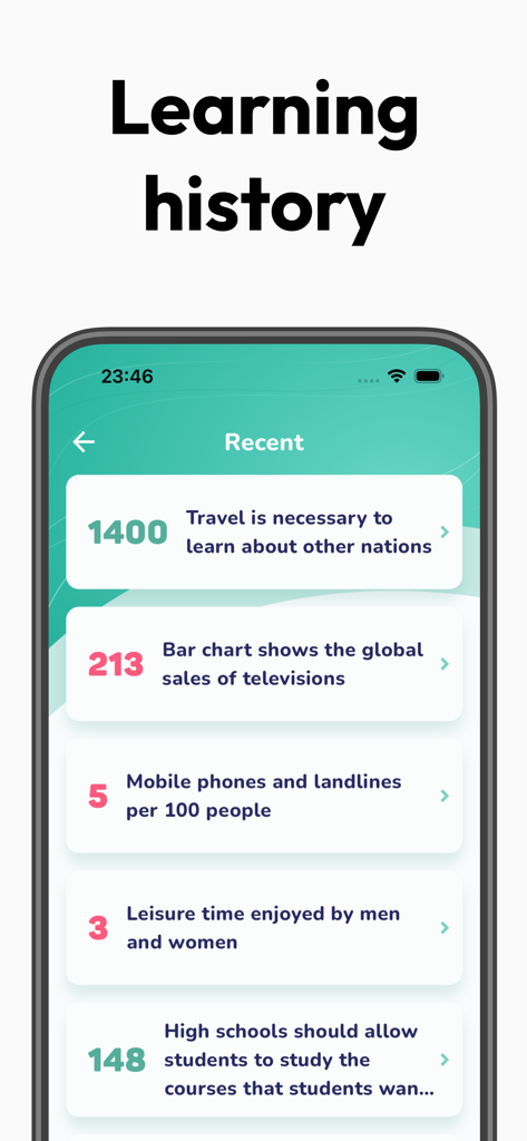 IELTS Writing Tests - IELTS Writing Tests app screen showing a list of recently viewed practice tasks in the learning history.