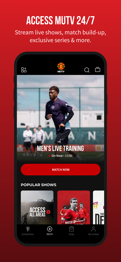 Manchester United app screen showing MUTV live streaming and shows