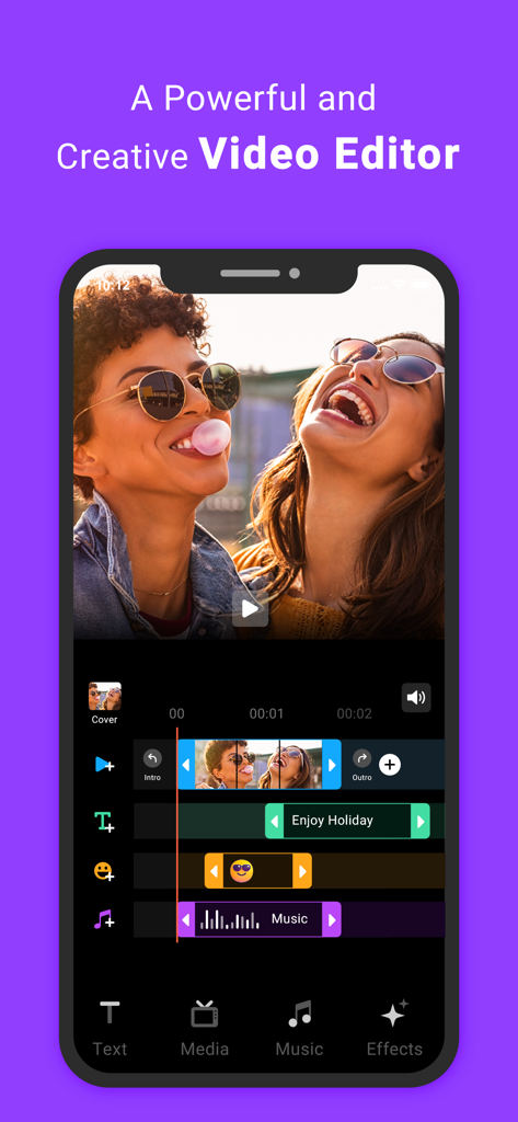 Video Editor & Maker -VidMaker - Interfaz de la aplicación VidMaker mostrando la línea de tiempo de edición de video con música y texto